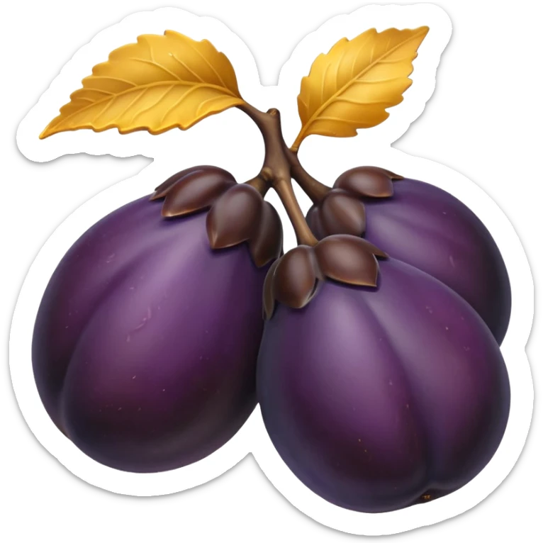 two whole ripe prunes with smooth slightly glossy dark purple skin and natural dimples, one fruit halved showing golden-yellow flesh and central brown pit, rounded plump shape with subtle color gradients, fresh juicy appearance, no leaves or background, soft lighting, subtle shadows, emoji scale sticker