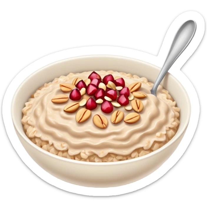 bowl of oatmeal with peanut butter, coconut flakes and pomegranate seeds sticker