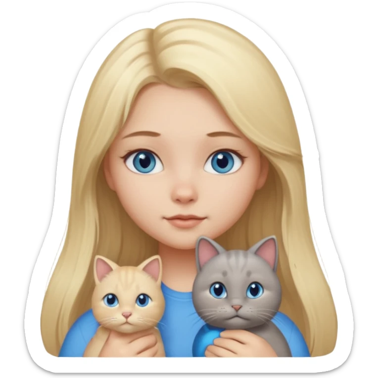 blonde girl with long blonde hair and blue eyes with chubby gray cat sticker