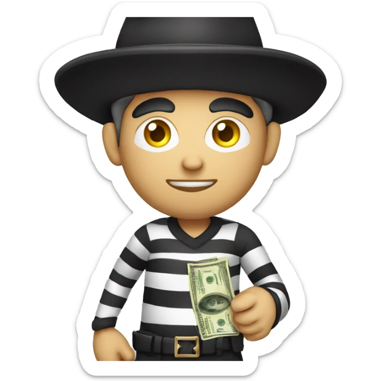 robber wearing criminal striped shirt, a black hat, holding a money sack with a dollar sign on it. sticker