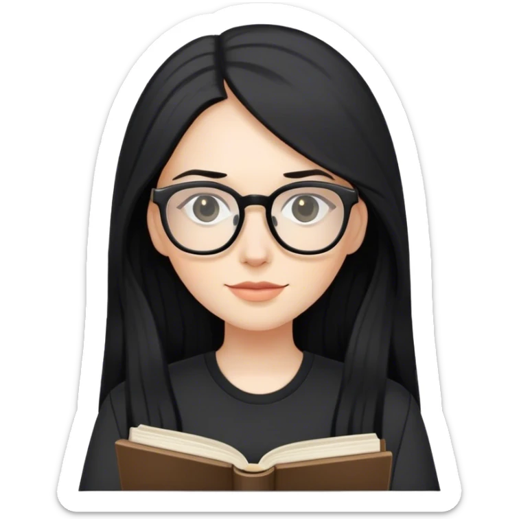 pale woman with long black hair, wearing glasses and black shirt holding a book sticker