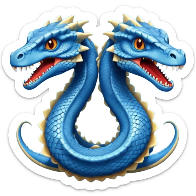blue hydra, strong reptilian body, like a dinosaure, not like a snake,  with 3 serpent-like heads rising from its neck sticker