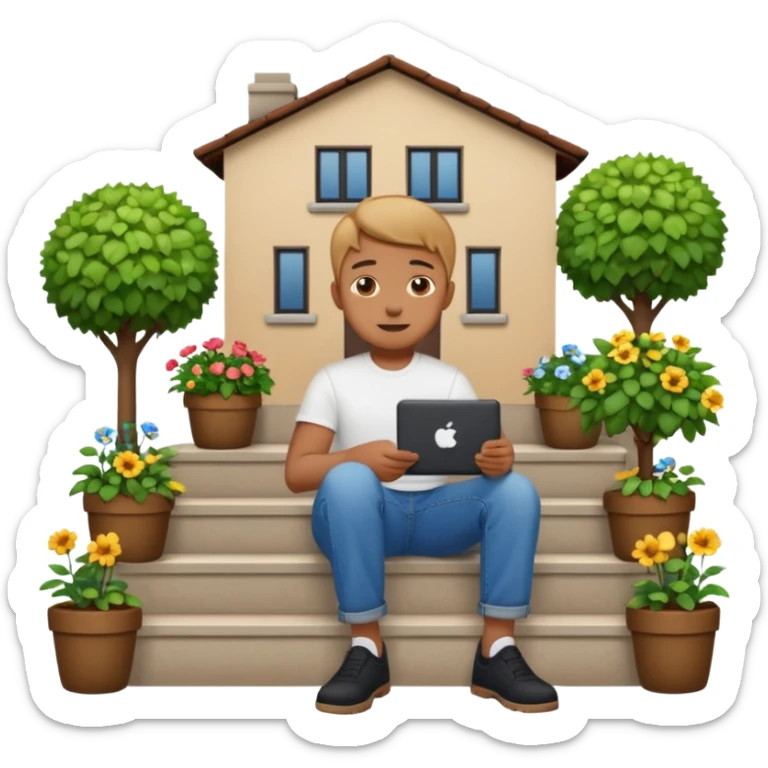 a home which has garden like and the home has slack emoji, where on the house steps, a blob chratcter holding black mac should sit and should look like wiork sticker