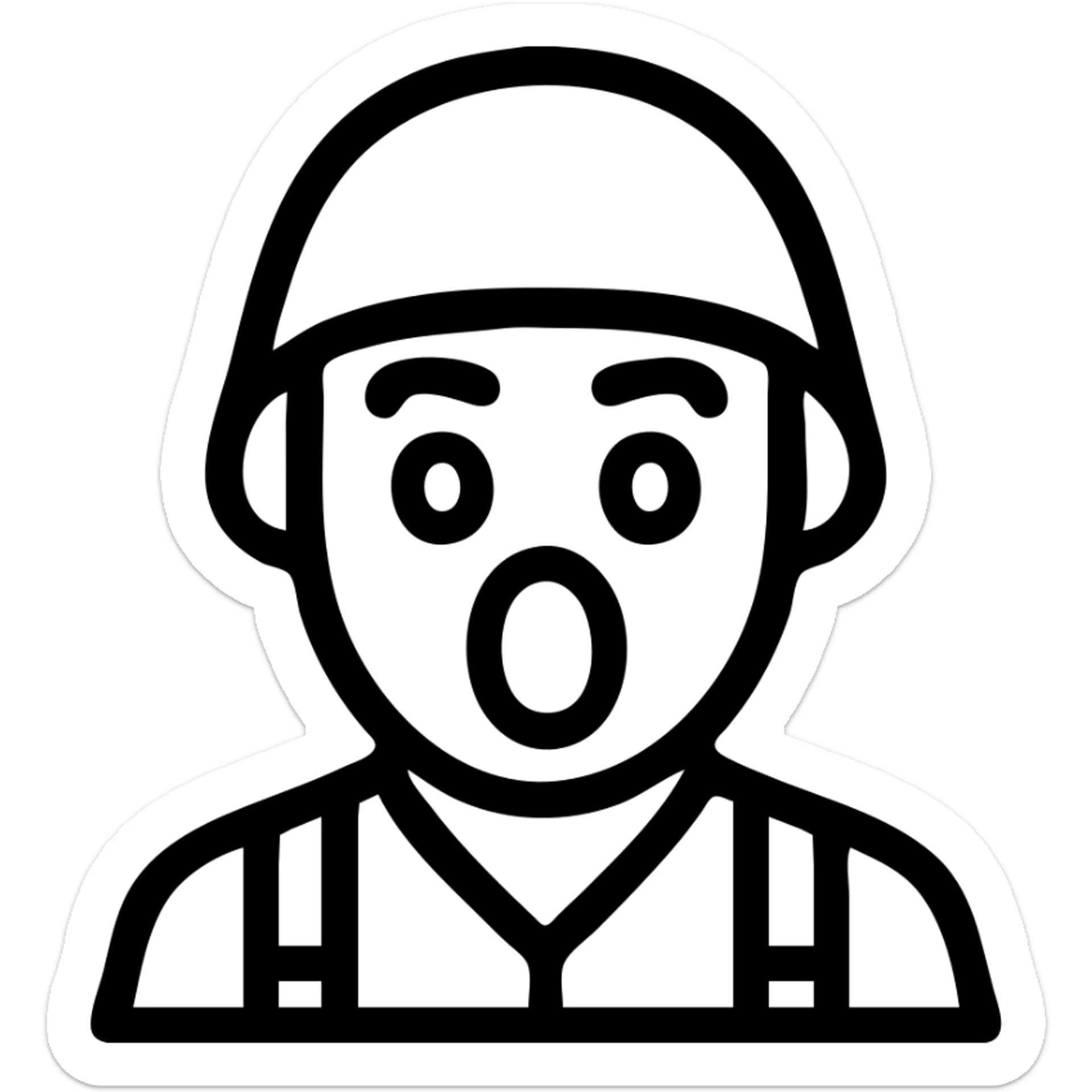 icon-style illustration of a shocked soldier with exaggerated facial expression, raised eyebrows, open mouth, helmet, simple bold lines sticker