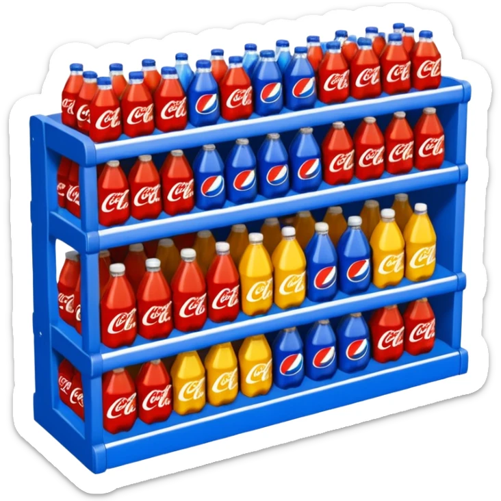 3D warehouse shelf with Coca-Cola, Pepsi, Fanta bottles and products, 
organized retail shelves, colorful product packages, store inventory, 
transparent background, emoji style, realistic, isometric view sticker