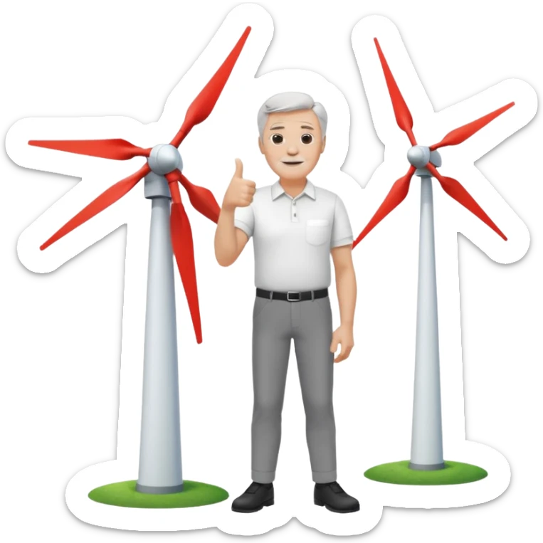 an older white man with grey hair and a white shirt and black pants doing a thumbs up pose, standing next to a single silver wind turbine sticker