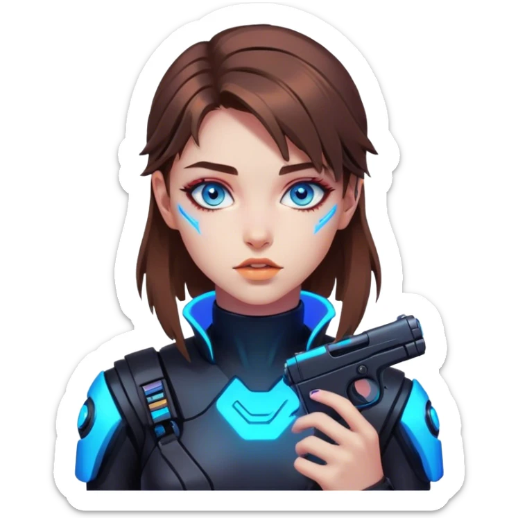 Neon cyberpunk style 
girl with brown hair and blue eyes 
shoots sticker