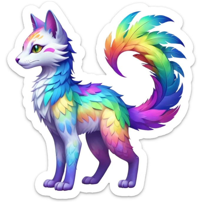 Kawaii neon colorful with feathers rainbow iridescent fantasy ethereal feline-vernid-sergal-fursona animal creature with a tufted tail full body with intricate markings sticker