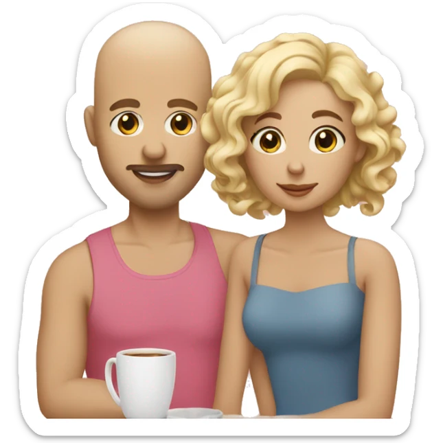 bald man, woman with blonde curls and woman with dark ash blonde hair on a brunch sticker