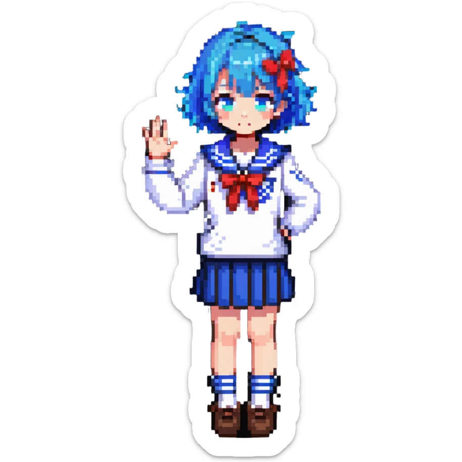 Pixel art anime girl with short bright blue hair wearing Japanese sailor style school uniform, trying to look confident with hand on hip but shyly waving with other hand, blushing cheeks and avoiding eye contact sticker
