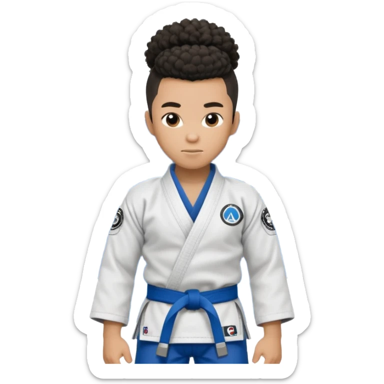 black jiu jitsu instructor with a afro ponytail and a low taper fade sides haircut, and a small fade on the sides with a blue belt and roger Gracie academy logo on the gi sticker