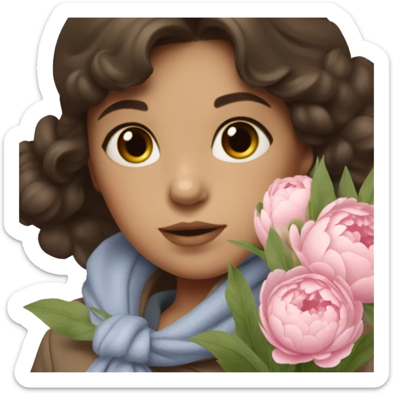 a girl with dark brown hair and blue eyes dressed in a baige winter coat with a baby pink scarf holding a bouquet of peonies sticker