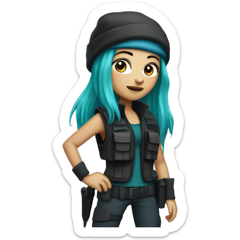 Girl, white skin, tactical vest, dark pants, long teal and purple hair, blue eyes, black beanie hat, knife, black combat boots sticker