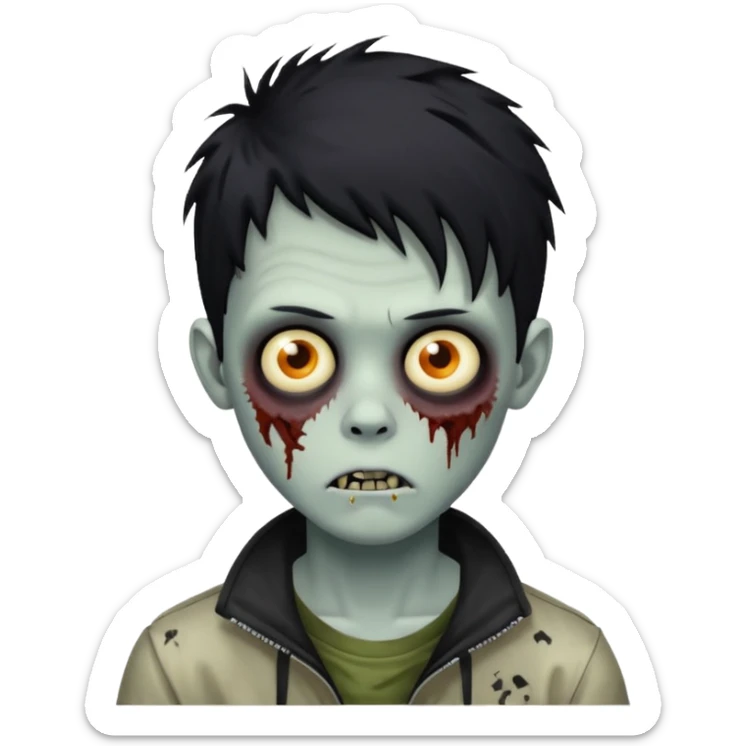 Zombie Boy with black large messy hair and teenager aparience, black background sticker