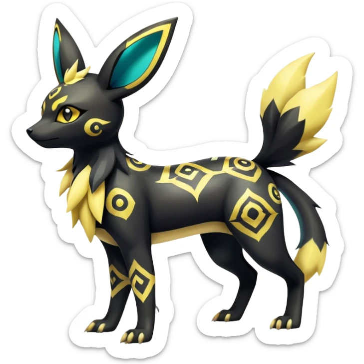 Shiny Exotic Badass Colorful Ethereal Royal Mysterious Gothic Umbreon-Jolteon-Noibat-Pokémon-Fakémon-hybrid-creature (full body) with pattern-markings sticker