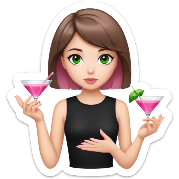 light brunette short hair girl black top holding a pink cosmo dark green eyes sticker