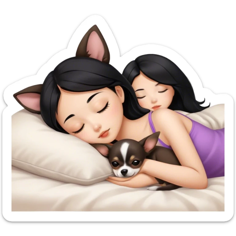 Coquette teenage cute asian black hair girl sleeping with brown chihuahua  sticker