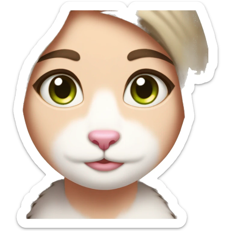 a girl with mid-length brown hair and brown eyes with a scar in the middle of her left eyebrow that forms a line that hugs a white cat with a pink nose and green eyes sticker
