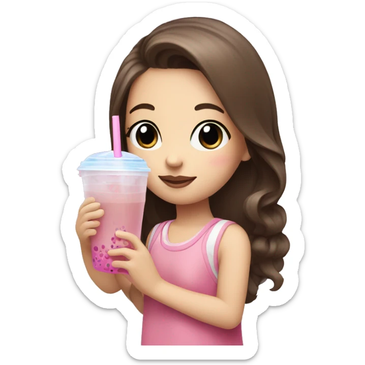 Girl with brown hair and blue eyes drinking pink bubble tea sticker