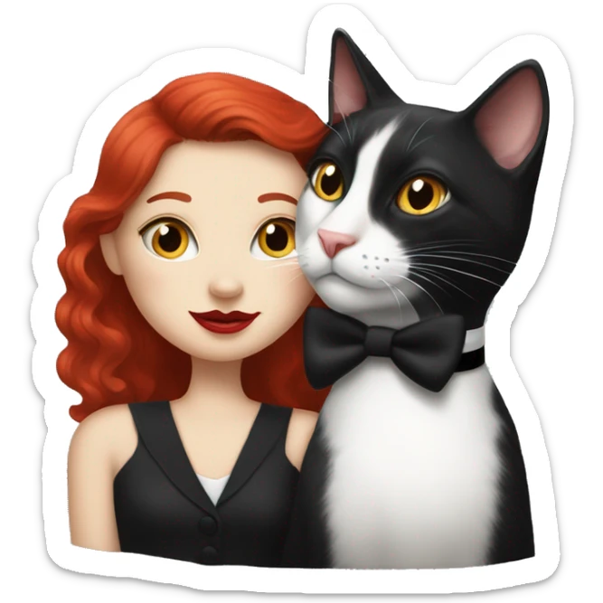 Tuxedo cat with black dot on nose snuggling with a red headed woman with red lipstick sticker