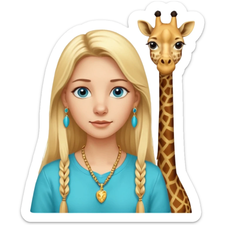Swedish girl blonde long straigt hair blue eyes turqoise shirt gold earings girrafe necklace gold small sticker