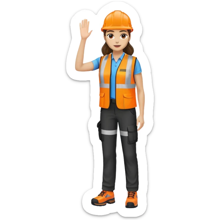 female, orange, hi-vis vest, dark trousers, shoes, hand raised sticker