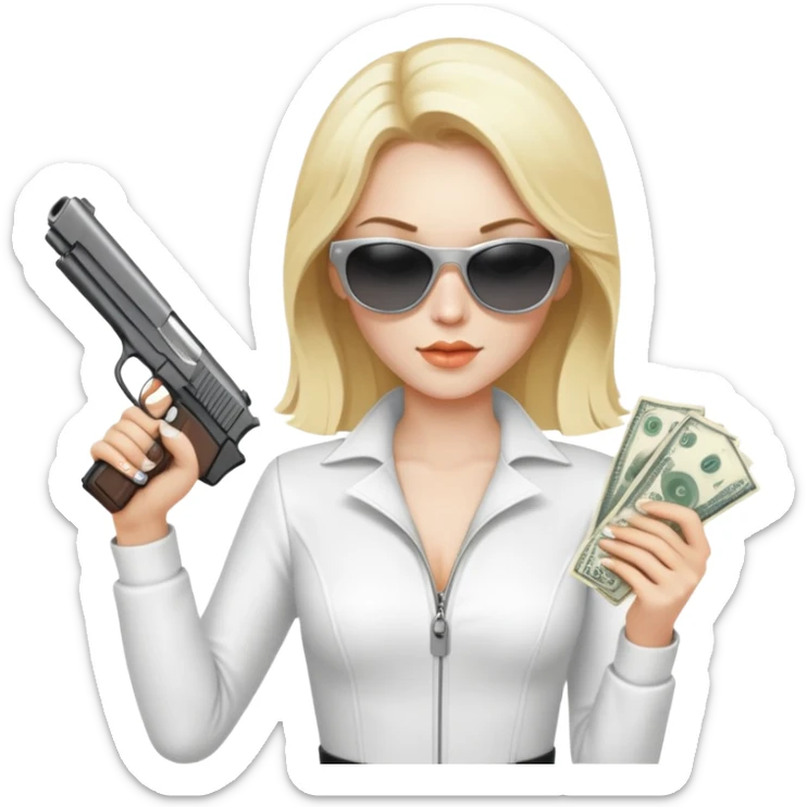 Mafia blondes woman in sunglasses, gun ,money , white costume  sticker