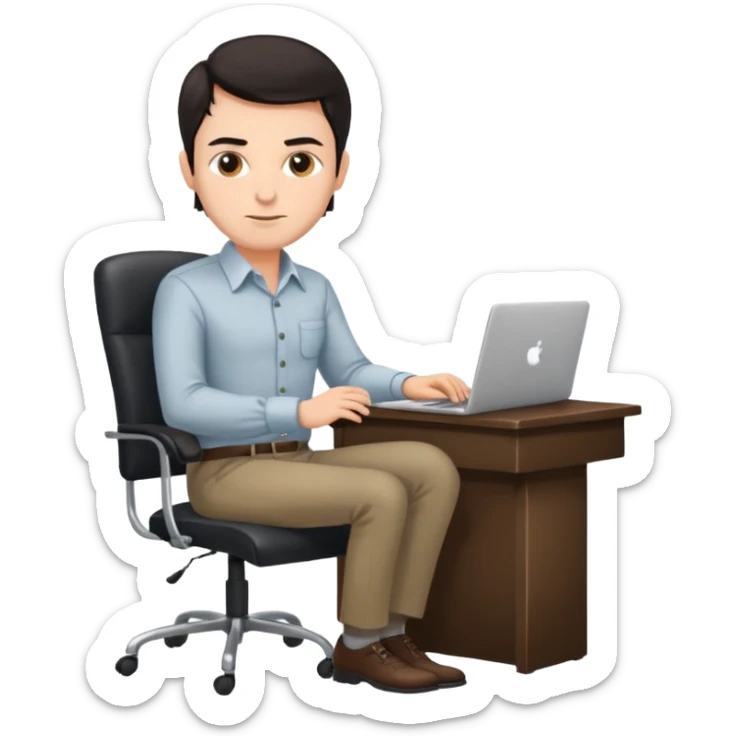 Rich man working setting on a chair in shirt, dark hair, and near the desk with laptop he is german very beautiful looks like sticker