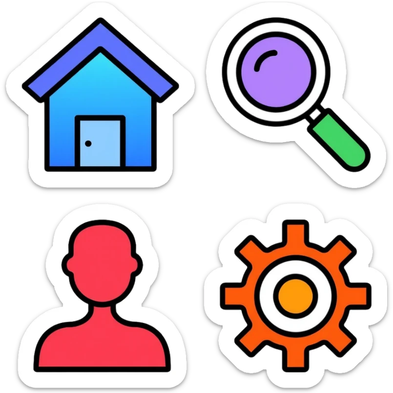 Colorful website navigation icons with vibrant gradients: home icon in blue, search icon in purple, menu icon in green, profile icon in orange, and settings icon in red sticker