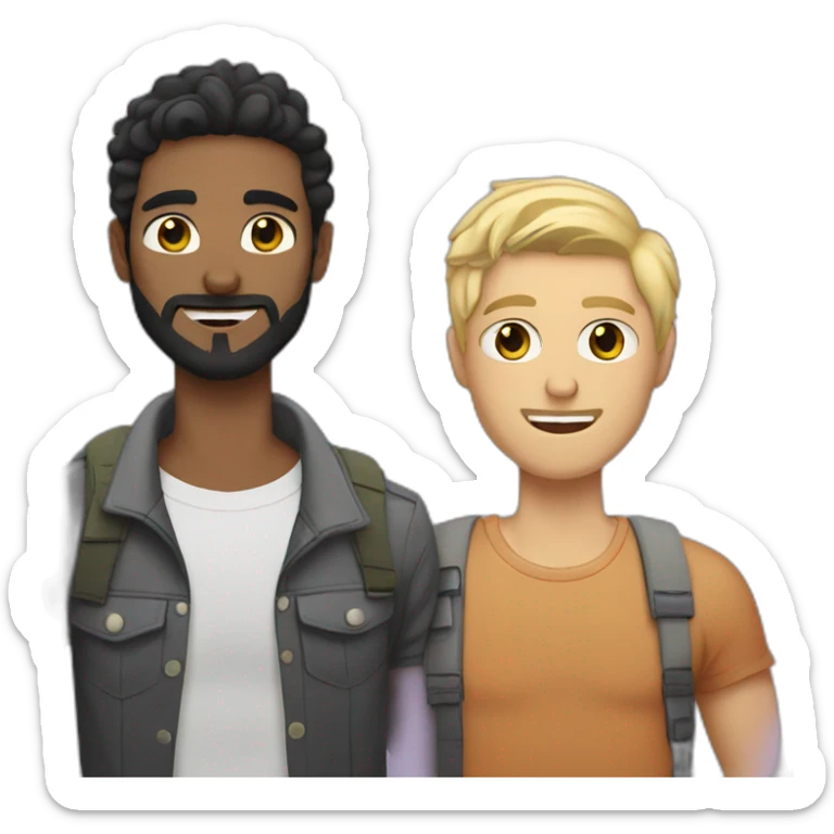 Gay male couple Latino Black hair and beard male and a male Australian blonde hair , with a cat in the middle sticker