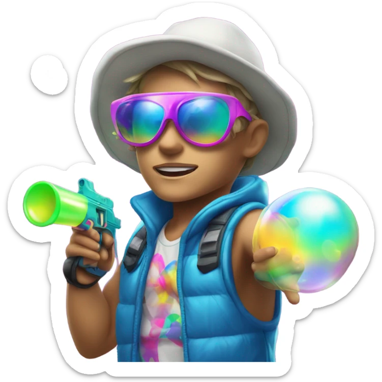 Caucasian boy in glowing rave gear with sunglasses and mask and hat and shooting a bubble gun sticker