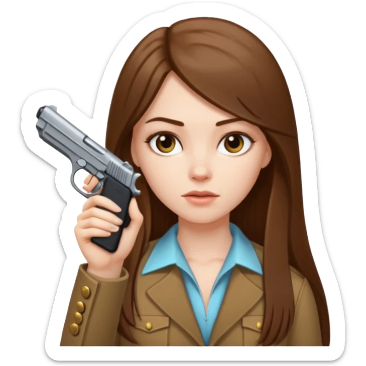 A white girl with long straight brown hair, pointing a hand gun to her temple. sticker