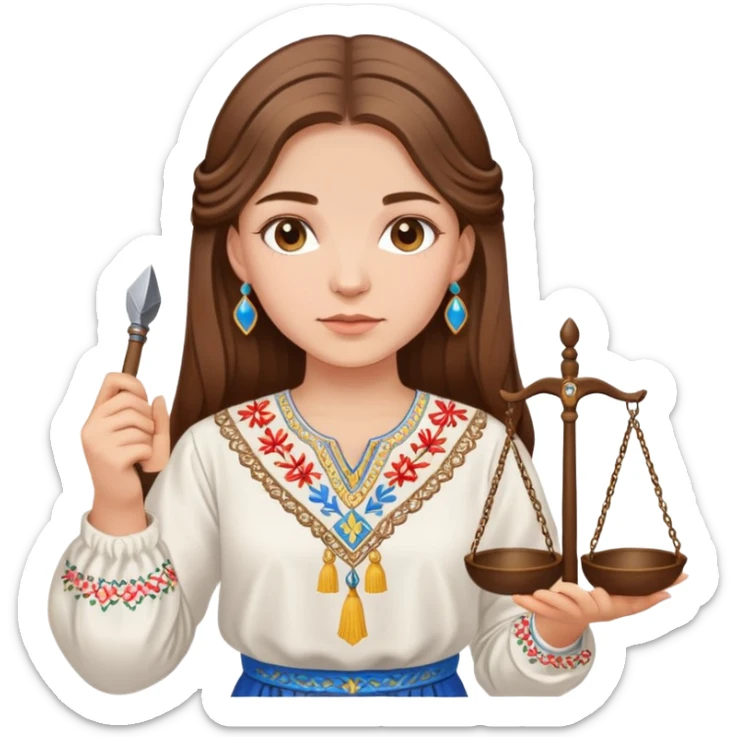 Ukrainian girl with brown hair wearing a traditional embroidered vyshyvanka shirt, holding scales of justice in her hand sticker