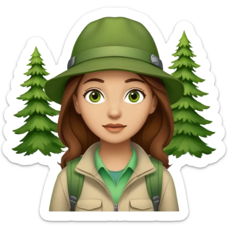 woman hiking in the woods in the sunshine. light face and green eyes. wearing a hat, brown hair sticker