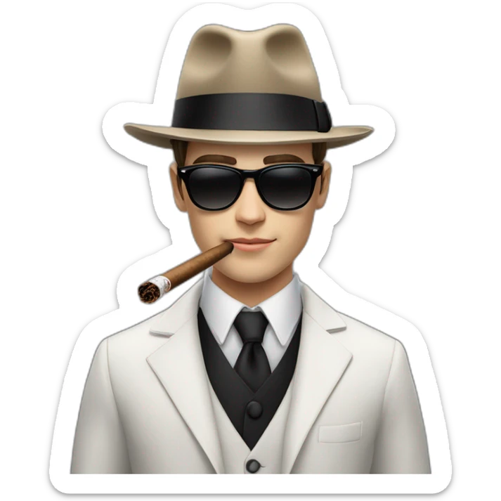 young white male adult with dark hair, black fedora hat, black ray ban sunglasses, three pieces costume and tie smoking a cigar sticker