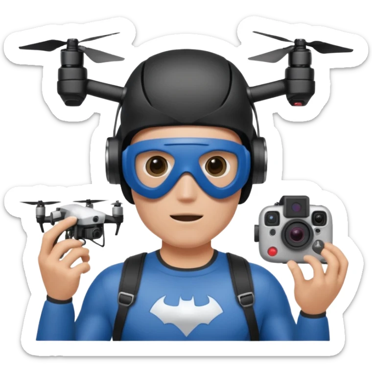 Super hero photographe, gopro sur la tête, masque fpv sur les yeux. Un drone à côté de lui. Il tiens un appareil photo reflex. sticker