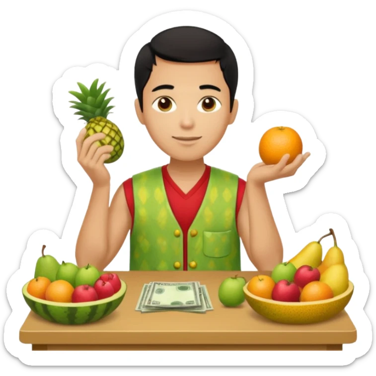 chico piel clara pelo negro con ropa de frutero sentado en una mesa contando mucho dinero sticker