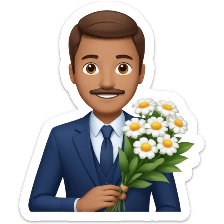 homme âgé 23 ans brun bronzé en costume bleu foncé souriant avec moustache portant un bouquet fleurs blanche  sticker
