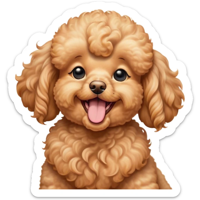 Cinematic Cute Yawning Apricot Poodle Portrait Emoji, Head tilted slightly with a dramatic, wide-open yawn, displaying a soft, curly apricot Fur with delicate texture, floppy ears slightly drooping, round warm eyes barely open in drowsy contentment, Simplified yet irresistibly adorable features, highly detailed, glowing with a soft, cozy glow, high shine, relaxed yet expressive, stylized with a touch of whimsy, bright and endearing, soft glowing outline, capturing the essence of a sleepy yet affectionate companion, so drowsy it feels like it could stretch right out of the screen and curl up for a nap! sticker