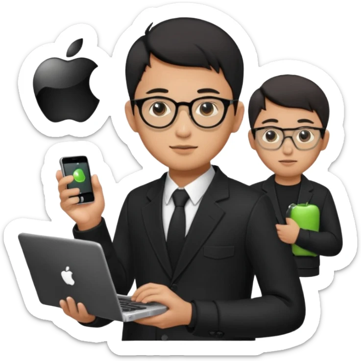 a asia man guy his 20s wearing an apple notebook, wearing bodyguard radio operator, round glasses, blAck clothes sticker