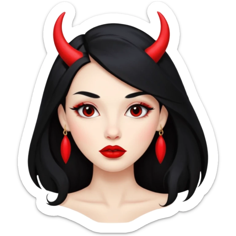 A skin red girl's face with cheekbones, long black hair, small red horns, big lips sticker