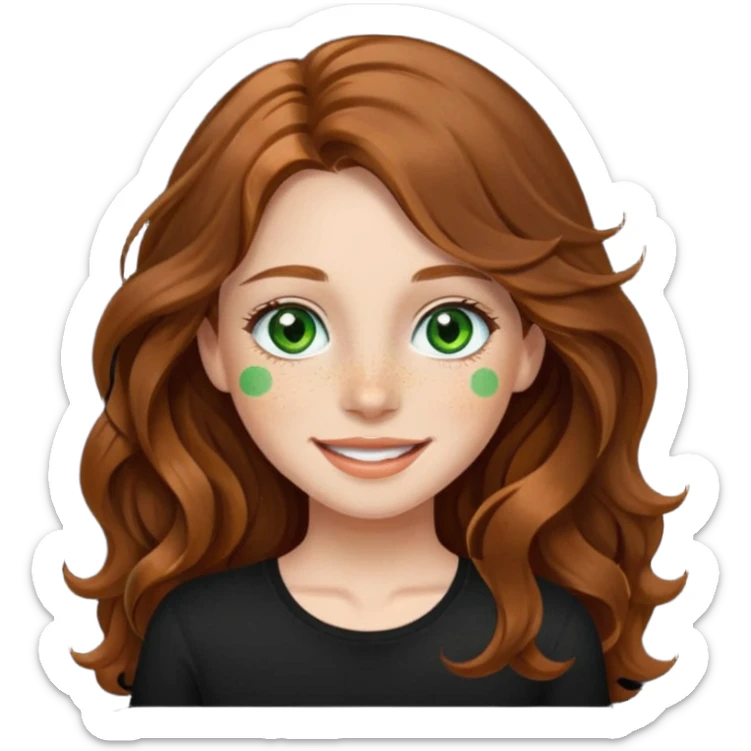 Girl with long wavy brown hair, green eyes, freckles and a black top on. Make her smile  sticker