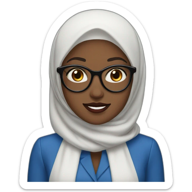 blue Hijabi white woman with glasses and brown eyes wearing a blue suit red lipstick sticker