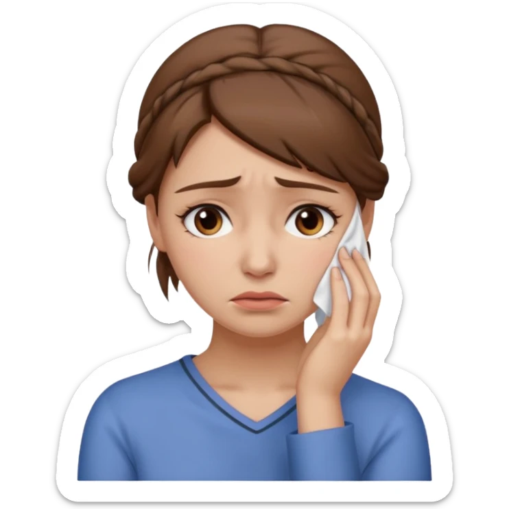 ["Sad woman with brown hair tied up, wiping away a tear."] sticker