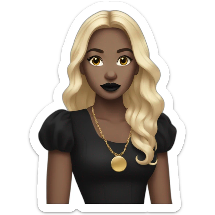 white girl with gold hoop earrings wearing black dress and long hair black lipstick sticker
