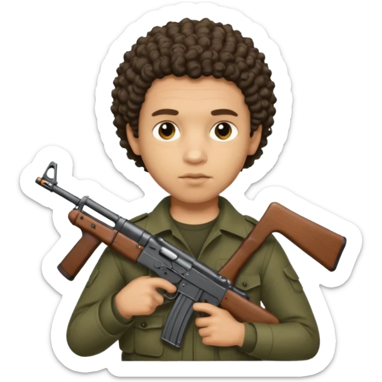 AK47 in hand, light skin male with shortest curly hair  some cuts on the face  sticker
