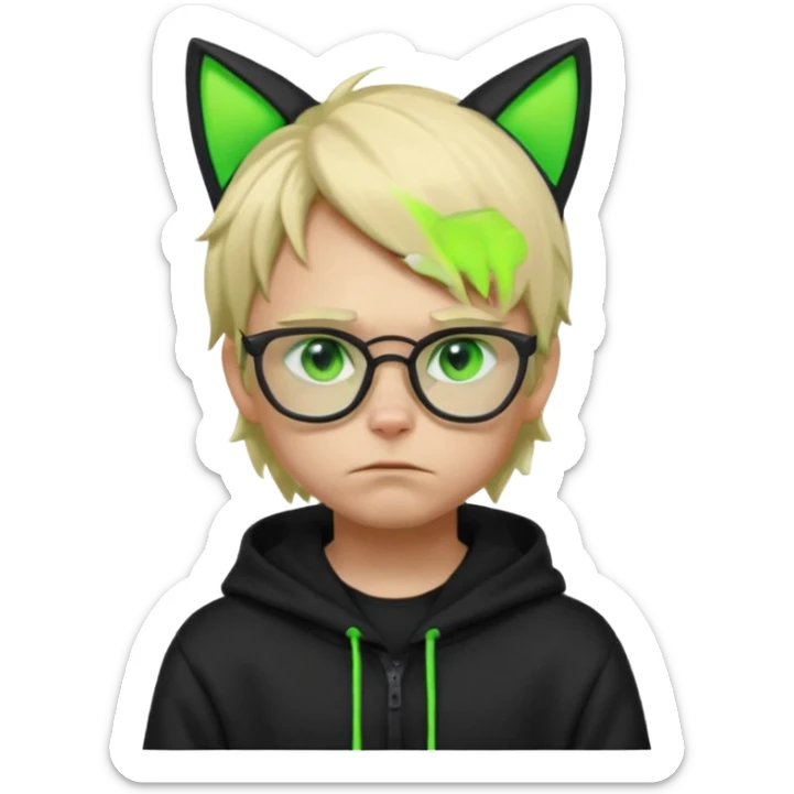 A blond hacker boy with black glasses and a black hoodie with neon green cat ears, cyberpunk style, sad expression, glowing green eyes, soft lighting sticker