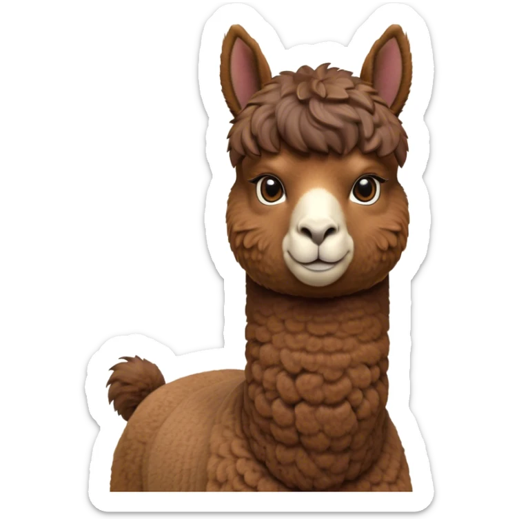 Cinematic Noble Brown Alpaca Portrait Emoji, Poised and regal, with a sturdy, graceful build and a rich, well-groomed brown fleece, deep-set soulful warm eyes, Simplified yet sharp and sophisticated features, highly detailed, glowing with a soft, dignified glow, high shine, intelligent and serene, stylized with an air of pastoral elegance, focused and attentive, soft glowing outline, capturing the essence of a watchful and confident companion, so majestic it feels as though it could stride out of the screen with effortless authority! sticker