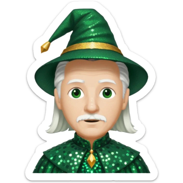 The Wizard from the Wizard of Oz with white hair, dark green sequin outfit sticker