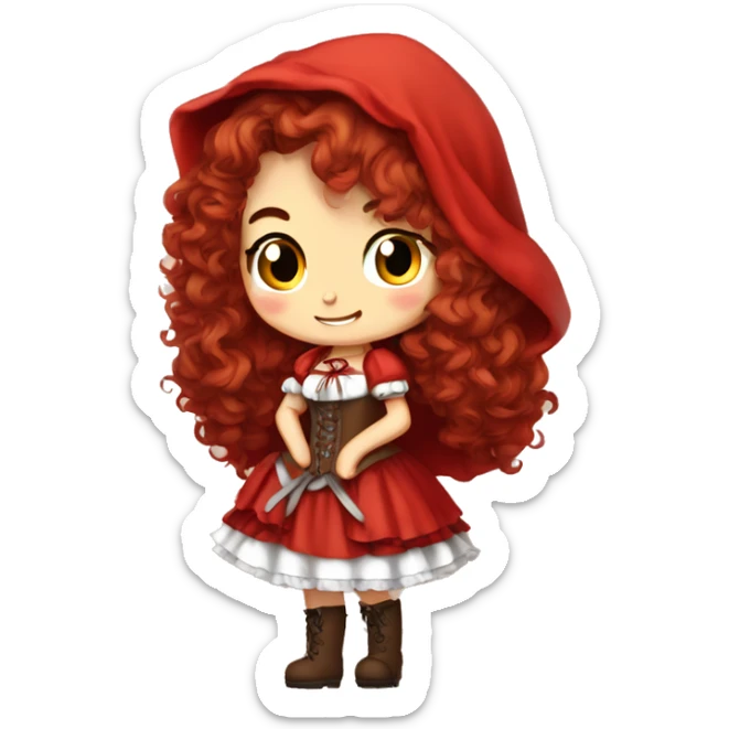 Little Red Riding Hood long curly red hair, brown corset and dress full body pose non-chibi sticker
